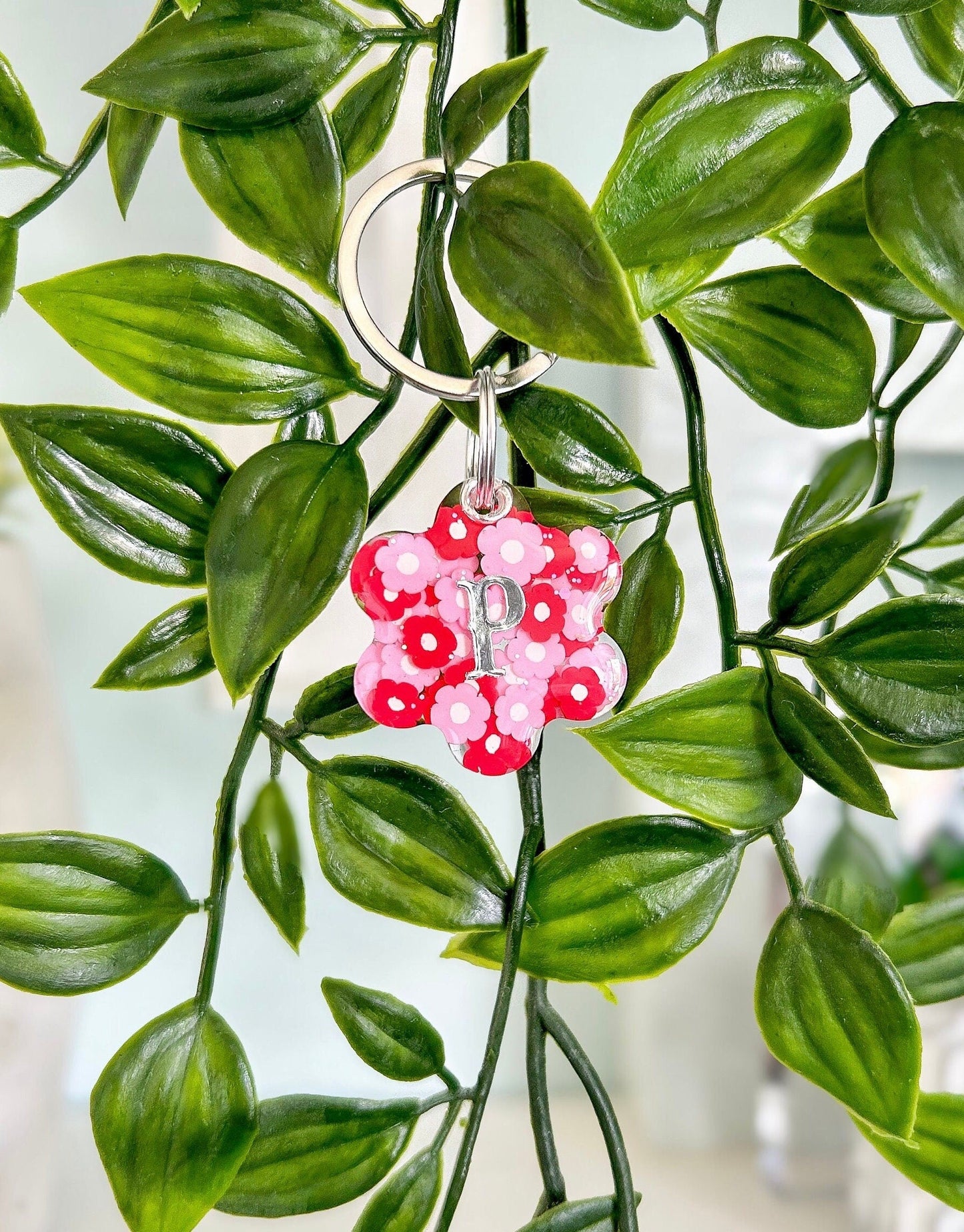 Pink & Red Flowers Resin ID Dog Tag / Pet Tag / Keyring