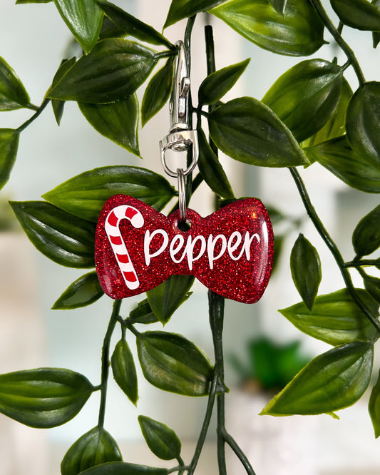 Candy Cane Bow Tie Resin ID Dog Tag / Pet Tag / Keyring